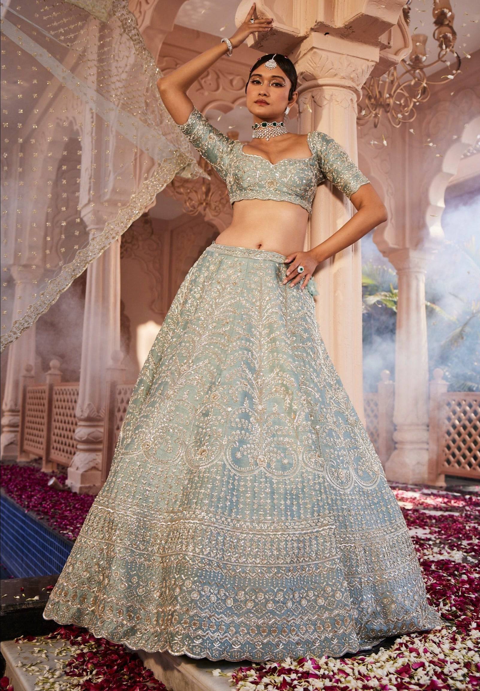 Dusty Firoza Heavily Embroidered Lehenga - embroidered lehenga Sydney