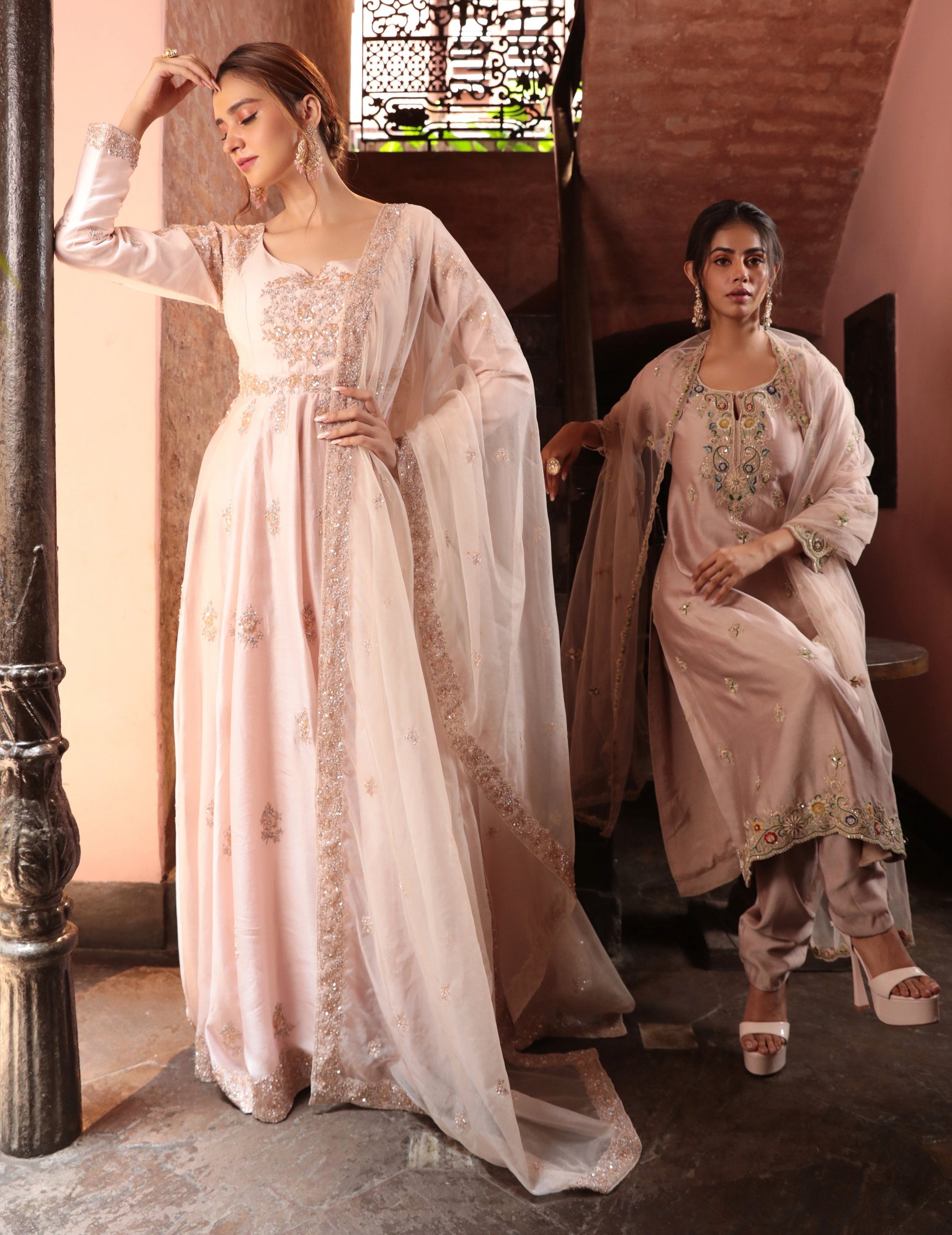 Peach Embroidered Angrakha Gown - peach gown Sydney