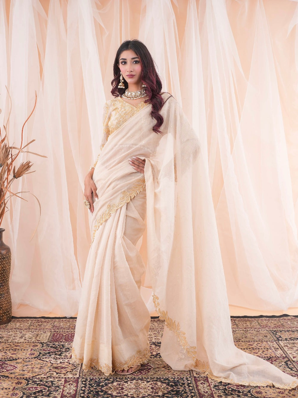 Ivory Beige Chanderi Saree and Blouse - indian saree
