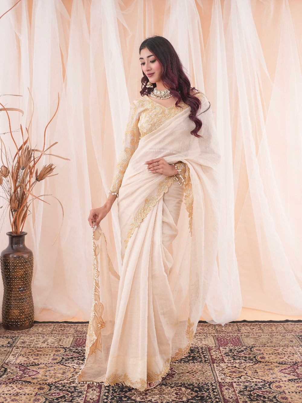 Ivory Beige Chanderi Saree and Blouse - indian saree