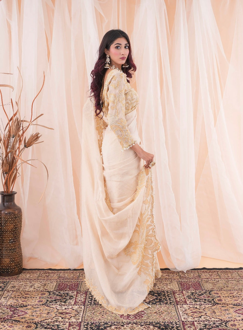 Ivory Beige Chanderi Saree and Blouse - indian saree