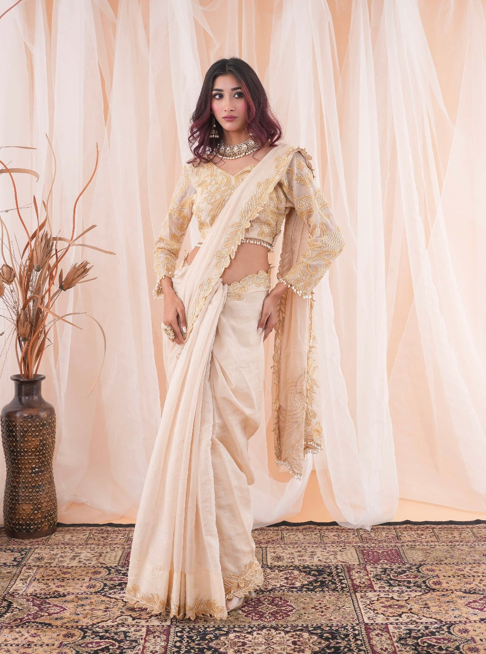Ivory Beige Chanderi Saree and Blouse - indian saree