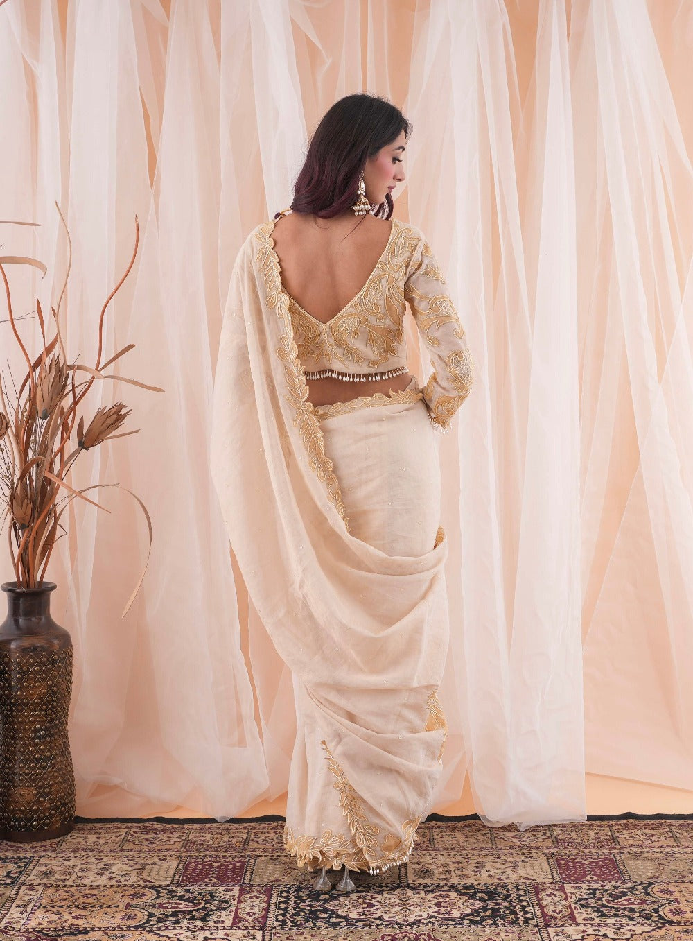 Ivory Beige Chanderi Saree and Blouse - indian saree