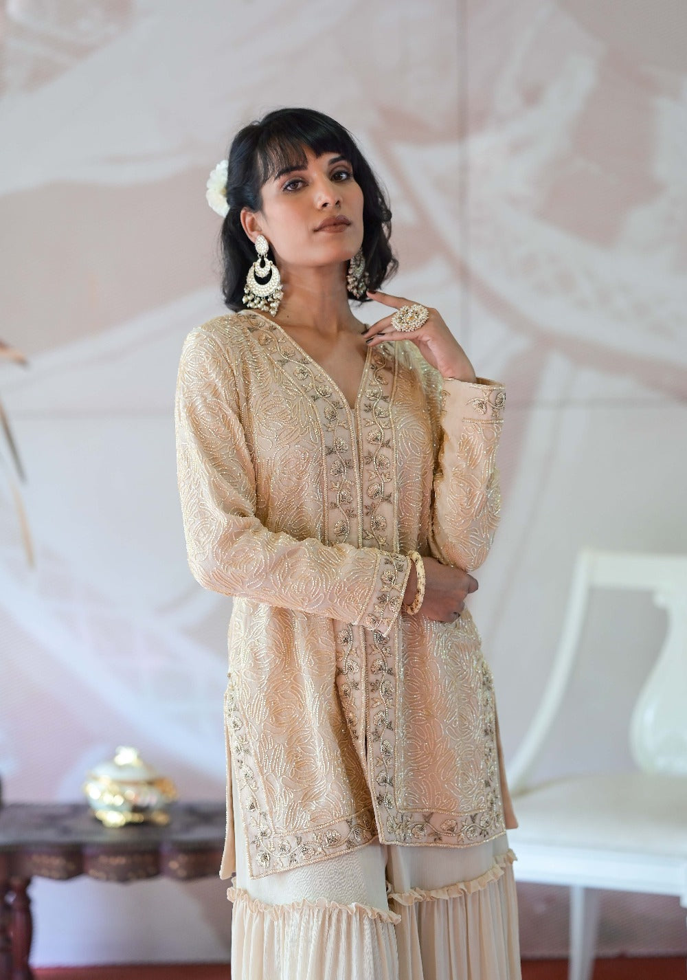 Ivory Beige Sharara Kurta Set - sharara kurti