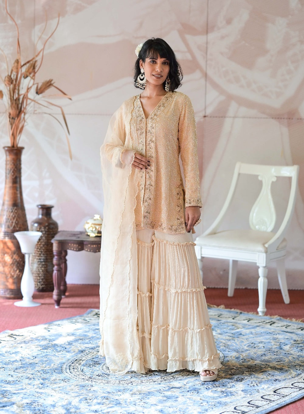 Ivory Beige Sharara Kurta Set - sharara kurti