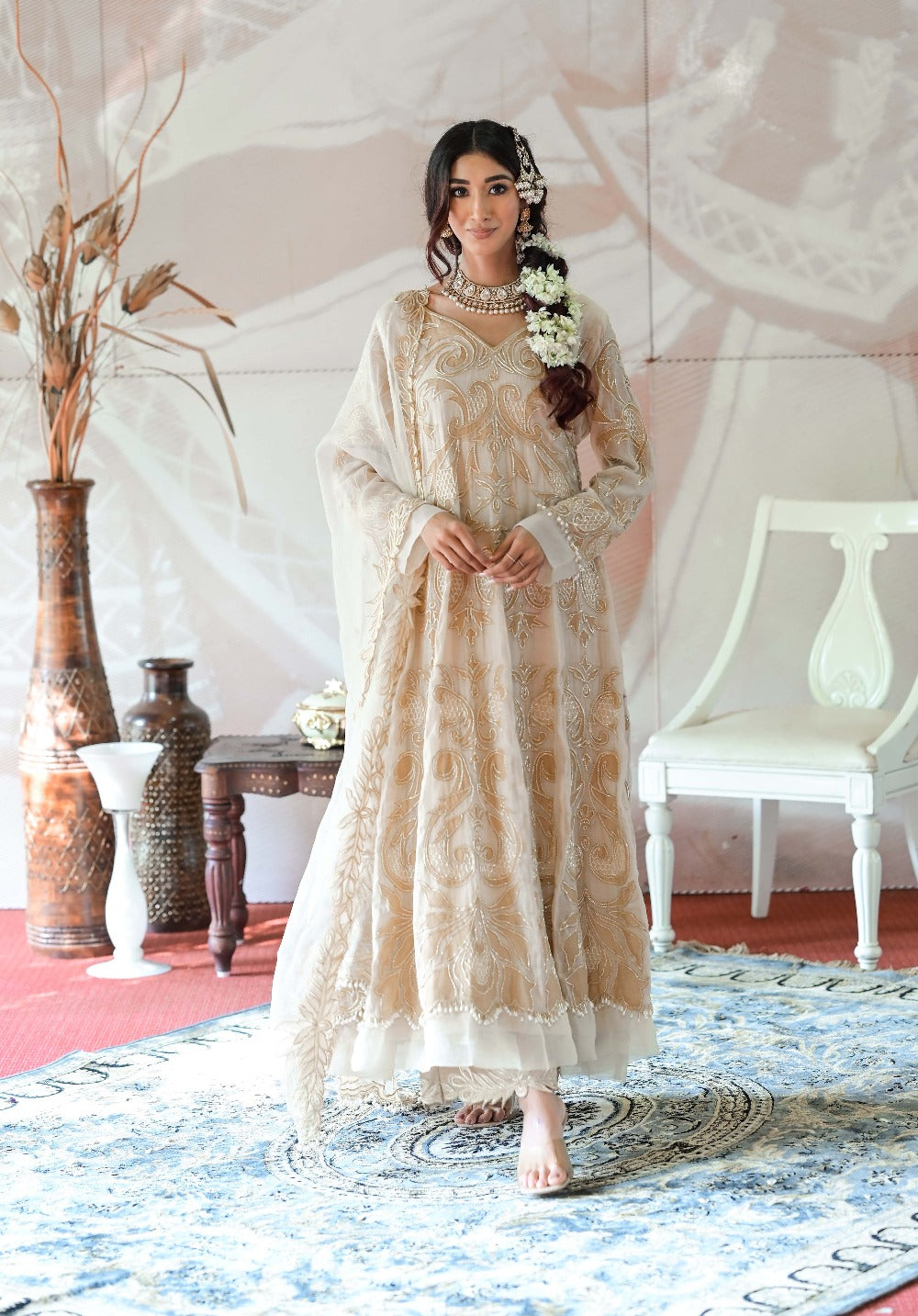 Ivory Beige Anarkali and Palazzo with Dupatta - anarkali kurti