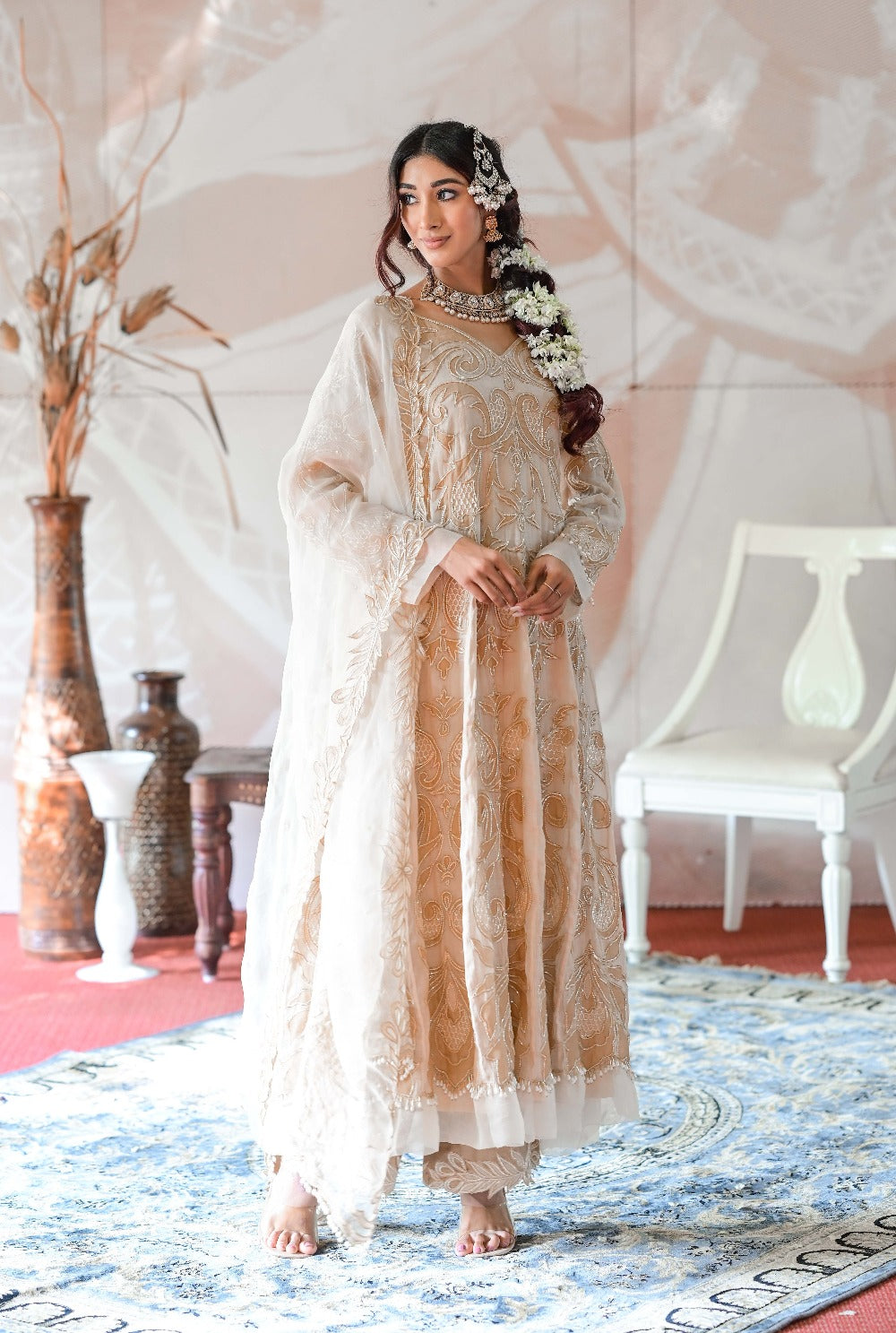 Ivory Beige Anarkali and Palazzo with Dupatta - anarkali kurti