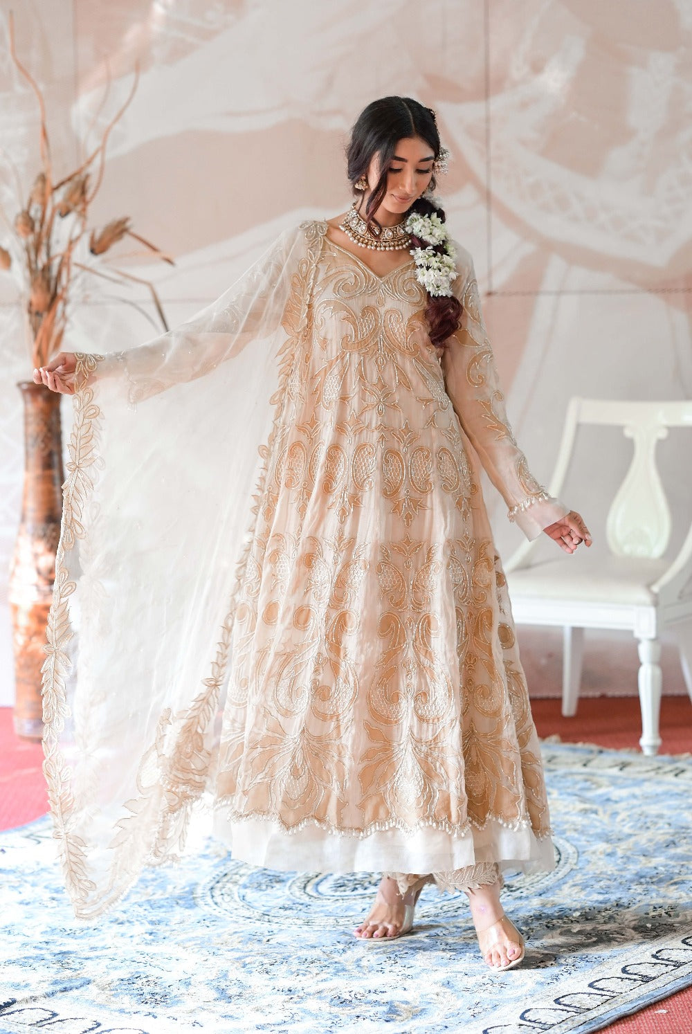 Ivory Beige Anarkali and Palazzo with Dupatta - anarkali kurti