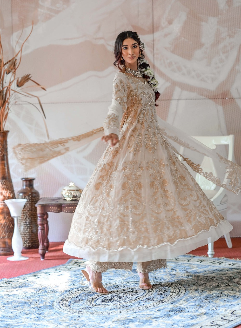 Ivory Beige Anarkali and Palazzo with Dupatta - anarkali kurti