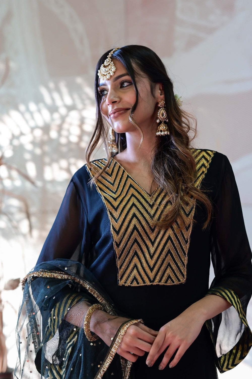 Georgette Kurta and Banarasi Brocade Pants Set - black kurti for women