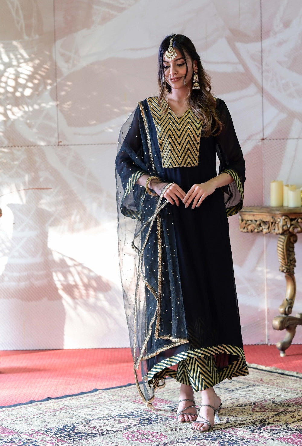 Georgette Kurta and Banarasi Brocade Pants Set - black kurti for women