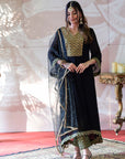 Georgette Kurta and Banarasi Brocade Pants Set - black kurti for women