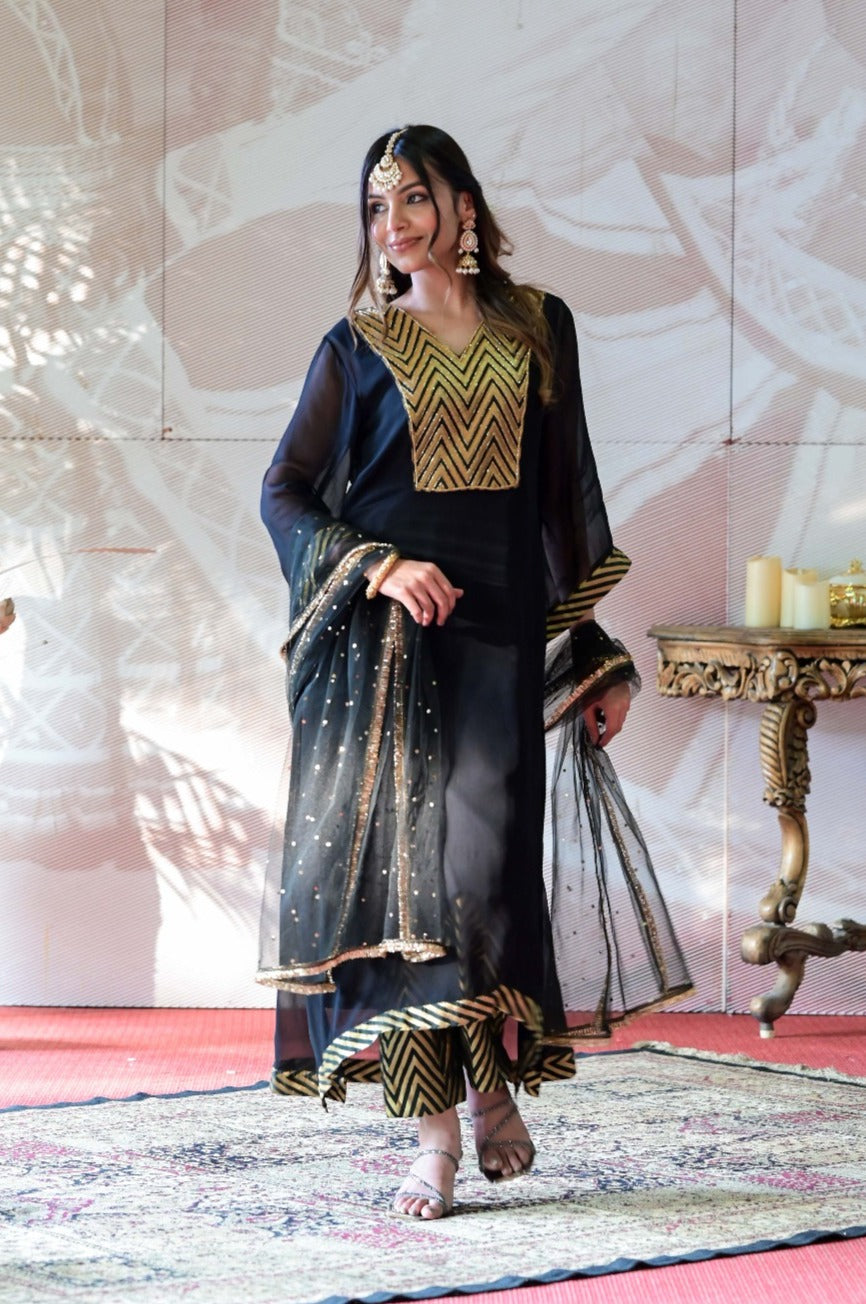 Georgette Kurta and Banarasi Brocade Pants Set - black kurti for women