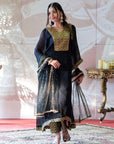 Georgette Kurta and Banarasi Brocade Pants Set - black kurti for women