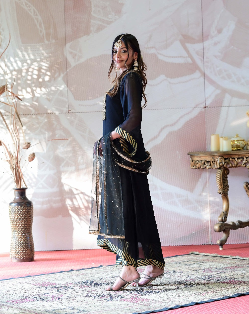 Georgette Kurta and Banarasi Brocade Pants Set - black kurti for women