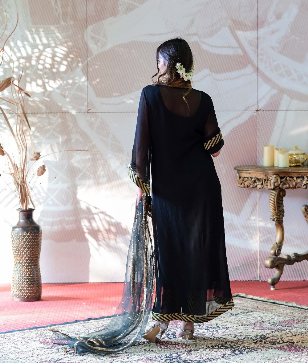 Georgette Kurta and Banarasi Brocade Pants Set - black kurti for women
