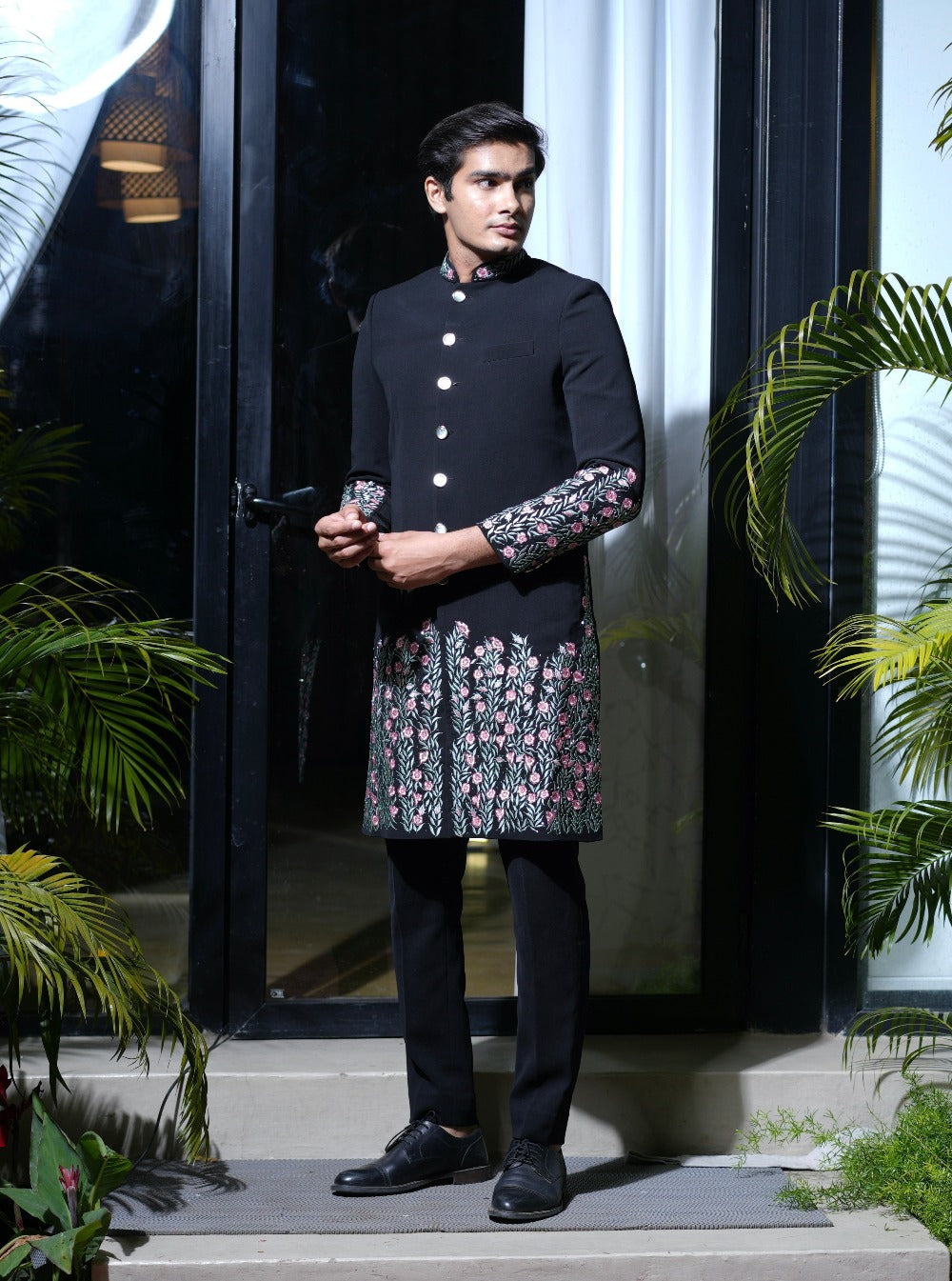 Hand Embroidered Black Silk Sherwani - indian dress for men