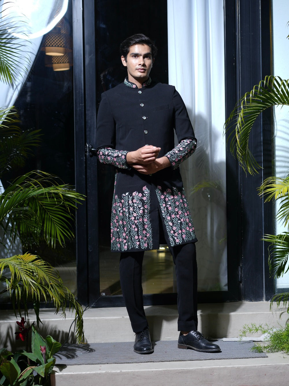 Hand Embroidered Black Silk Sherwani - indian dress for men