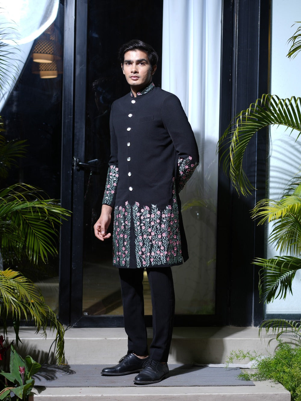 Hand Embroidered Black Silk Sherwani - indian dress for men