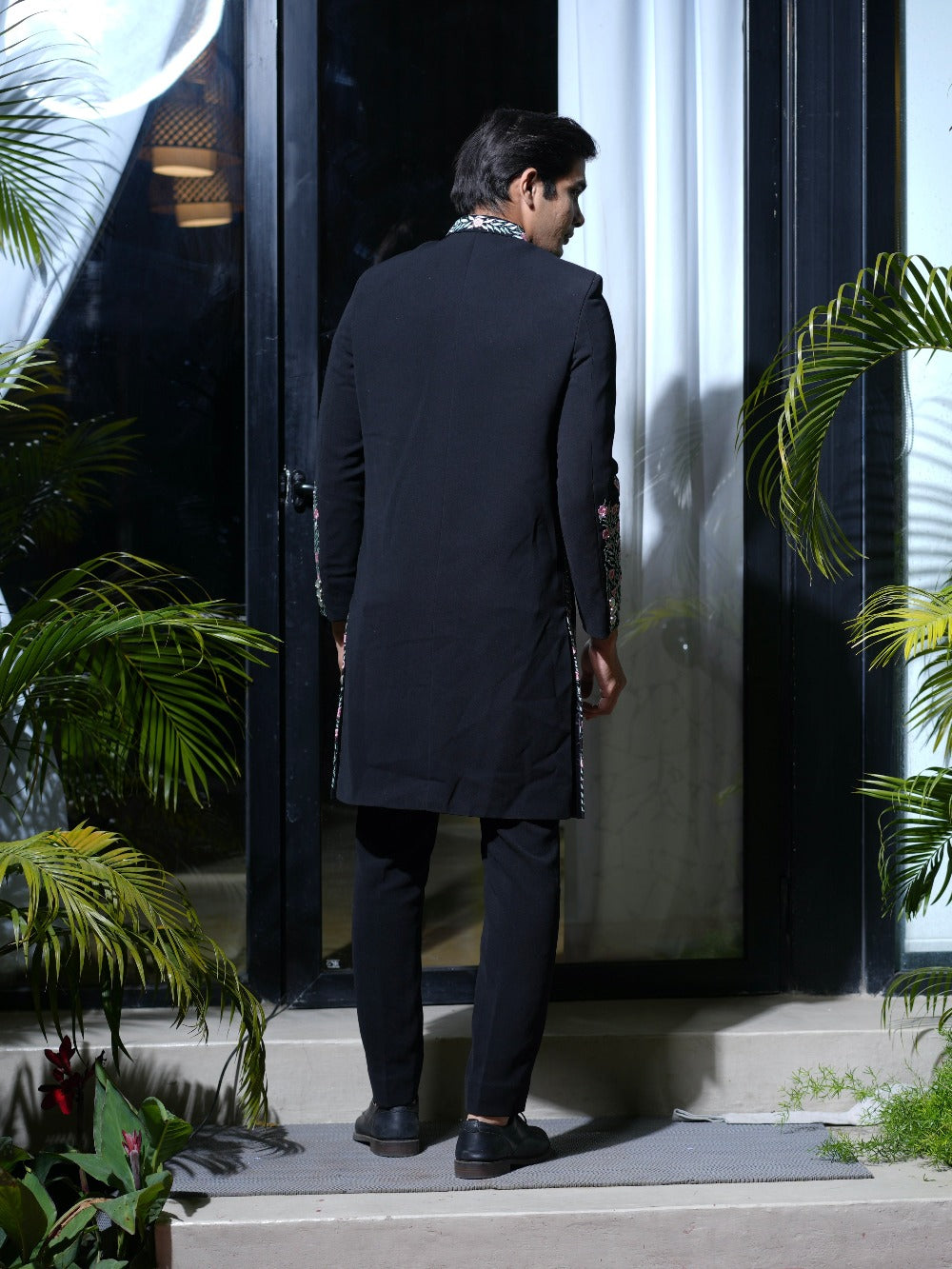 Hand Embroidered Black Silk Sherwani - indian dress for men