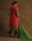 Red and Green Kurta with Palazzo Pants and Dupatta - red dress USA