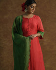 Red and Green Kurta with Palazzo Pants and Dupatta - red dress USA