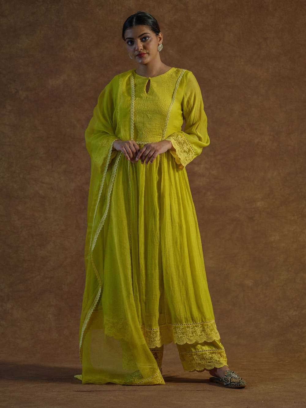 Lemon Yellow Kurta with Palazzo Pants and Dupatta - yellow dress USA