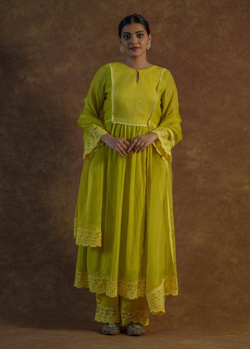 Lemon Yellow Kurta with Palazzo Pants and Dupatta - yellow dress USA
