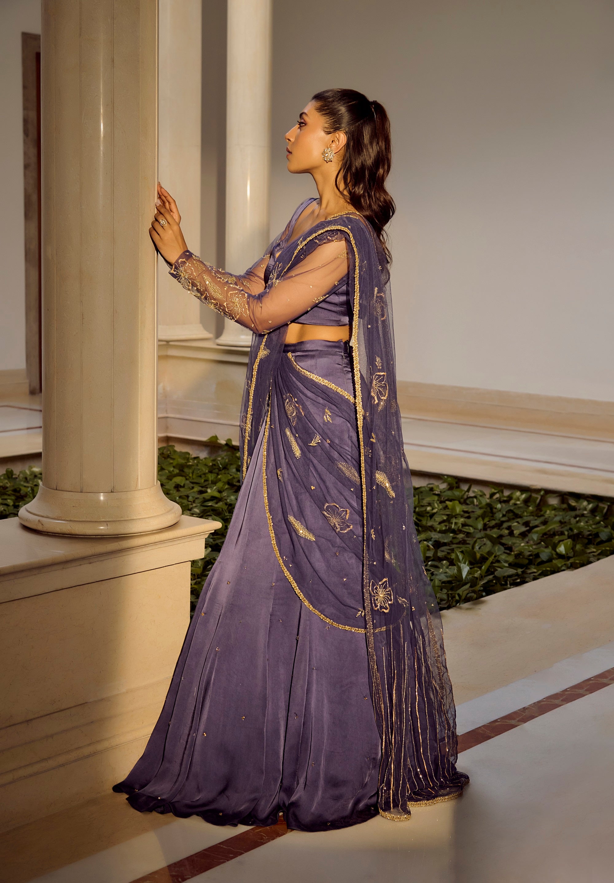 Glam Blue Saree Set - Dark Blue saree with gold details