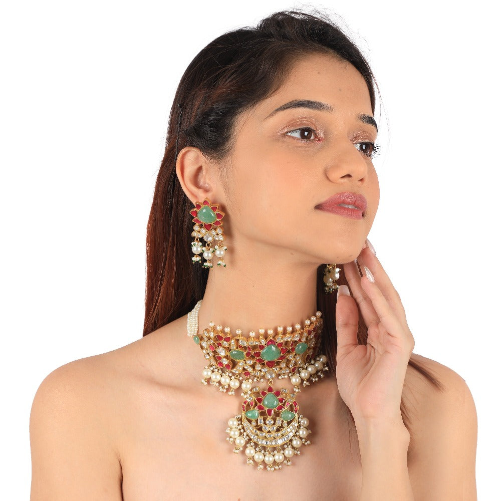Gold Finish Pink and Green Jadau Choker Set - jadau kundan jewellery