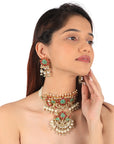 Gold Finish Pink and Green Jadau Choker Set - jadau kundan jewellery