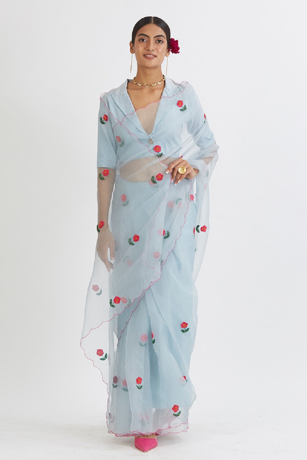 Gul Mehandi Powder Blue Saree - blue saree
