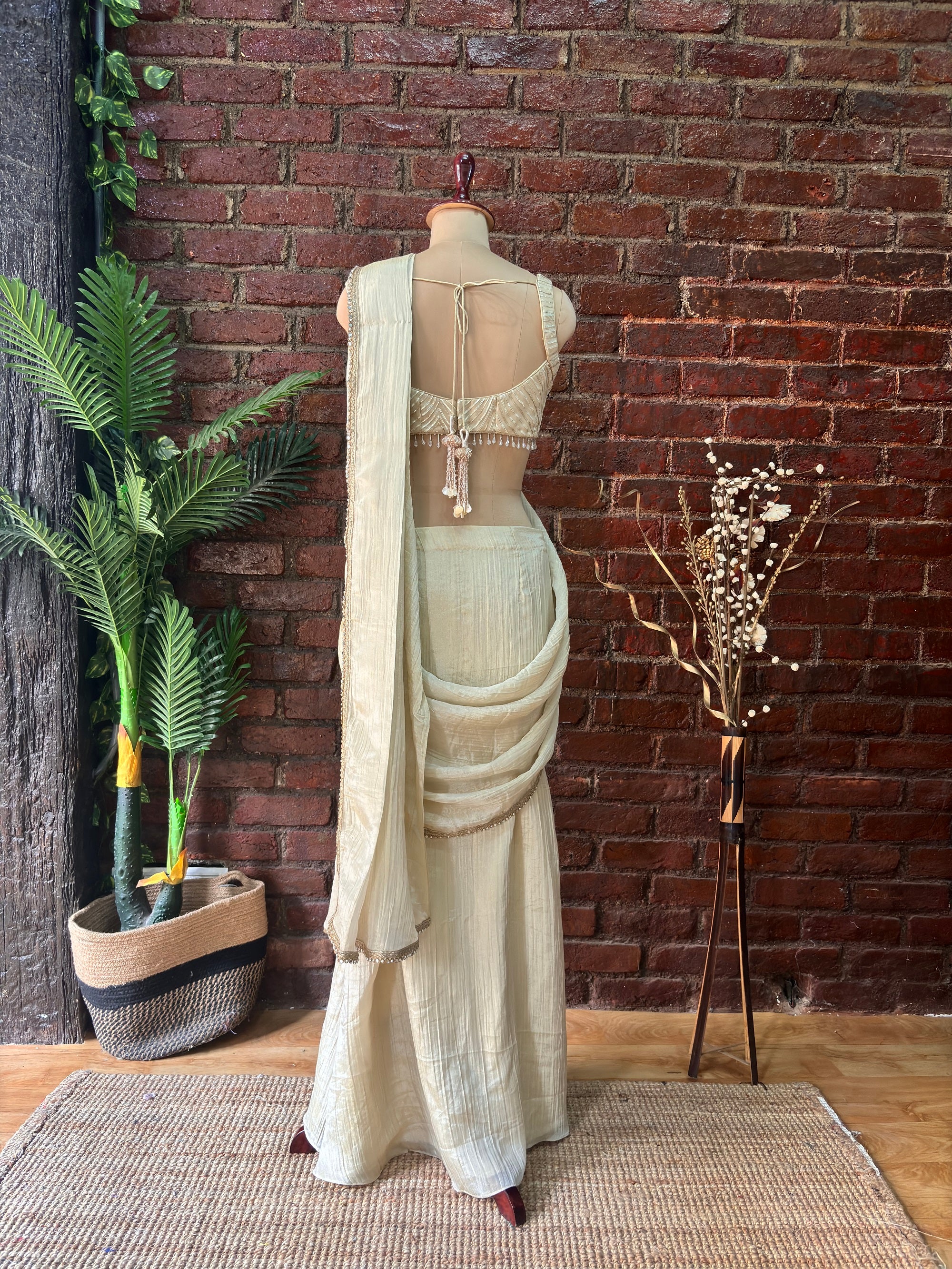 Champagne Gold Shimmer Tissue Saree - champagne saree