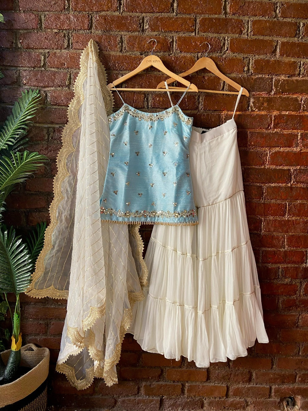 Powder Blue and Ivory Mirror work Sharara Set - ivory sharara USA