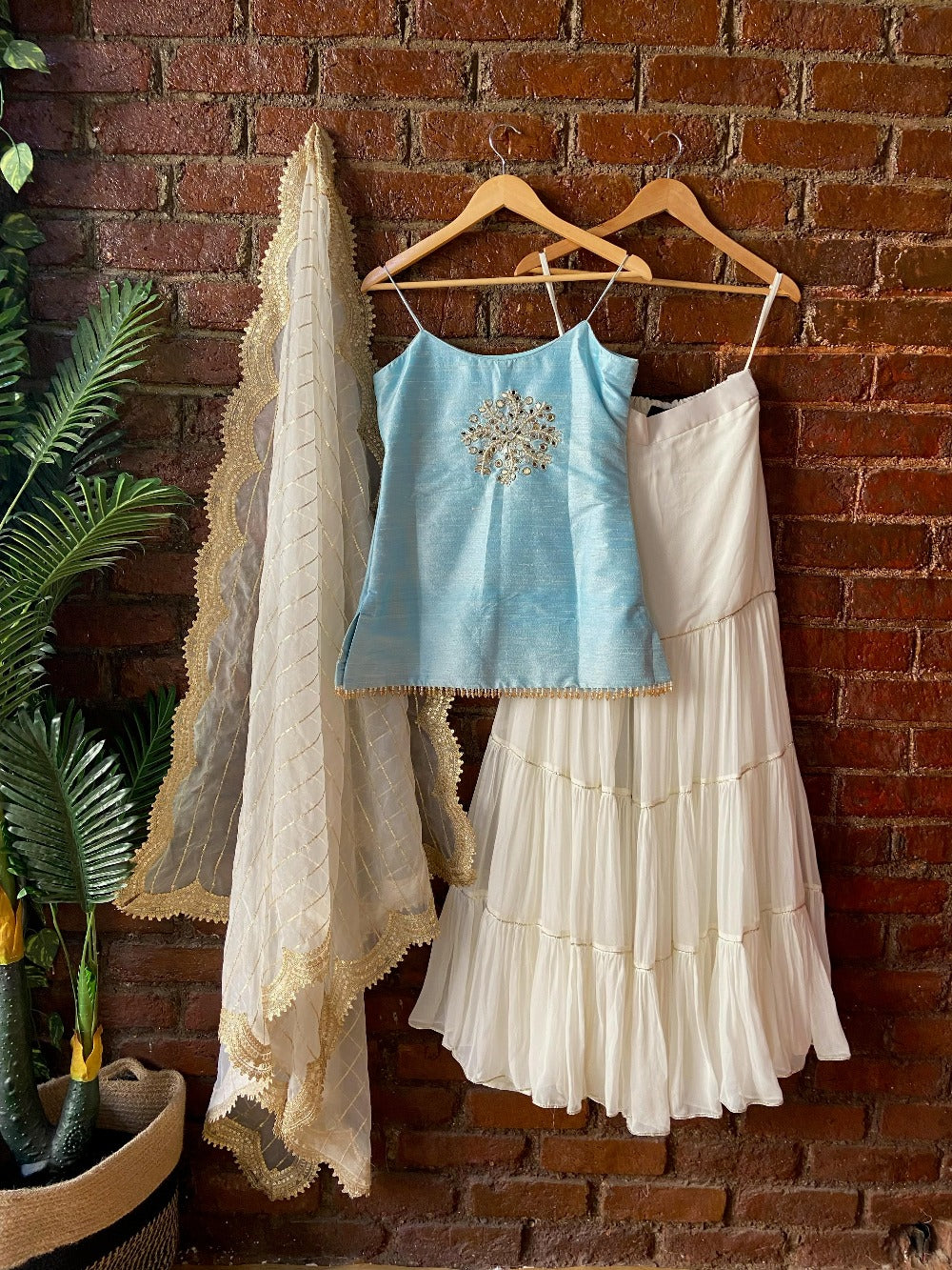 Powder Blue and Ivory Mirror work Sharara Set - ivory sharara USA