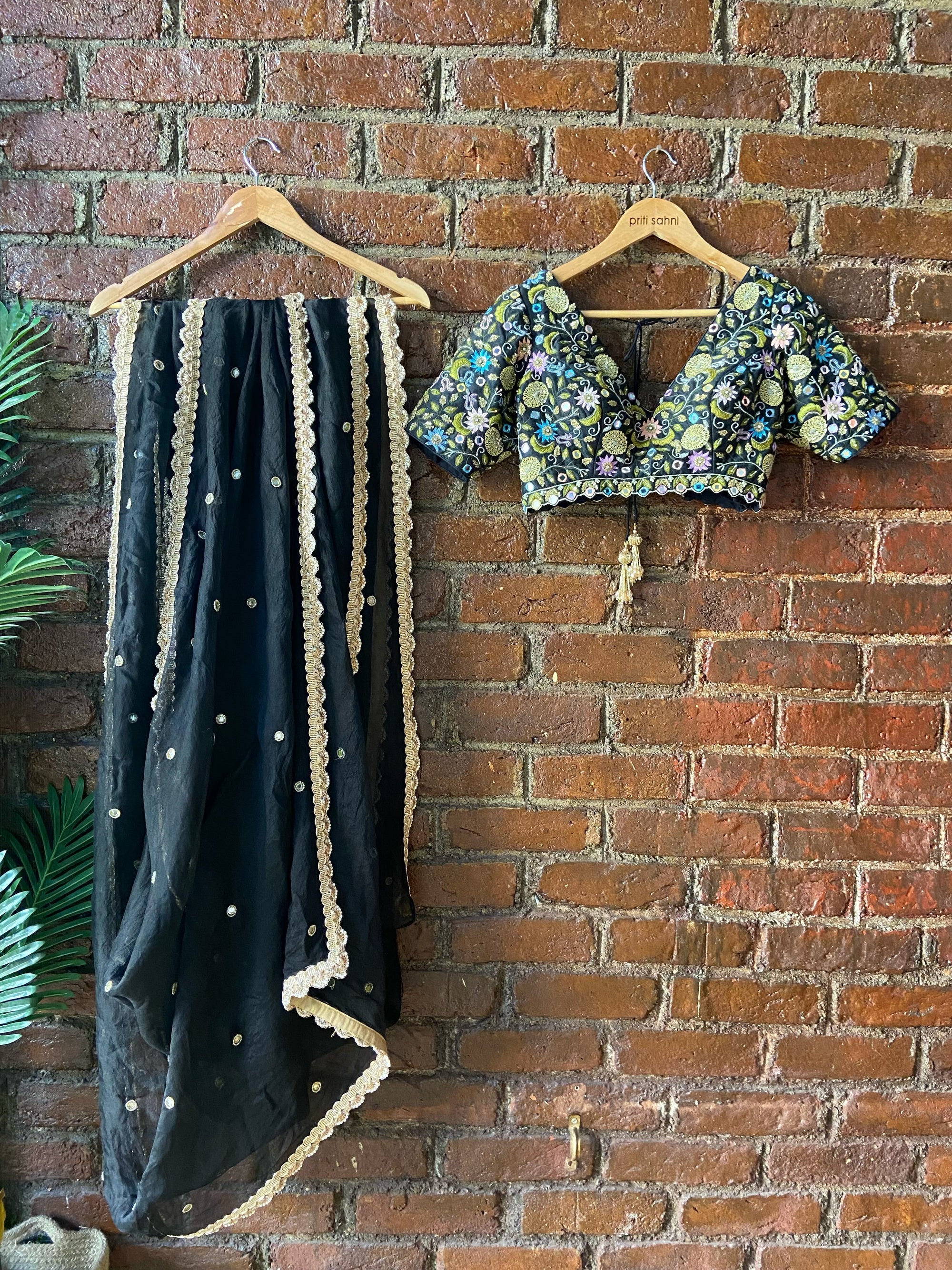 Black Organza Saree and Embroidered Blouse Set - traditional indian clothing