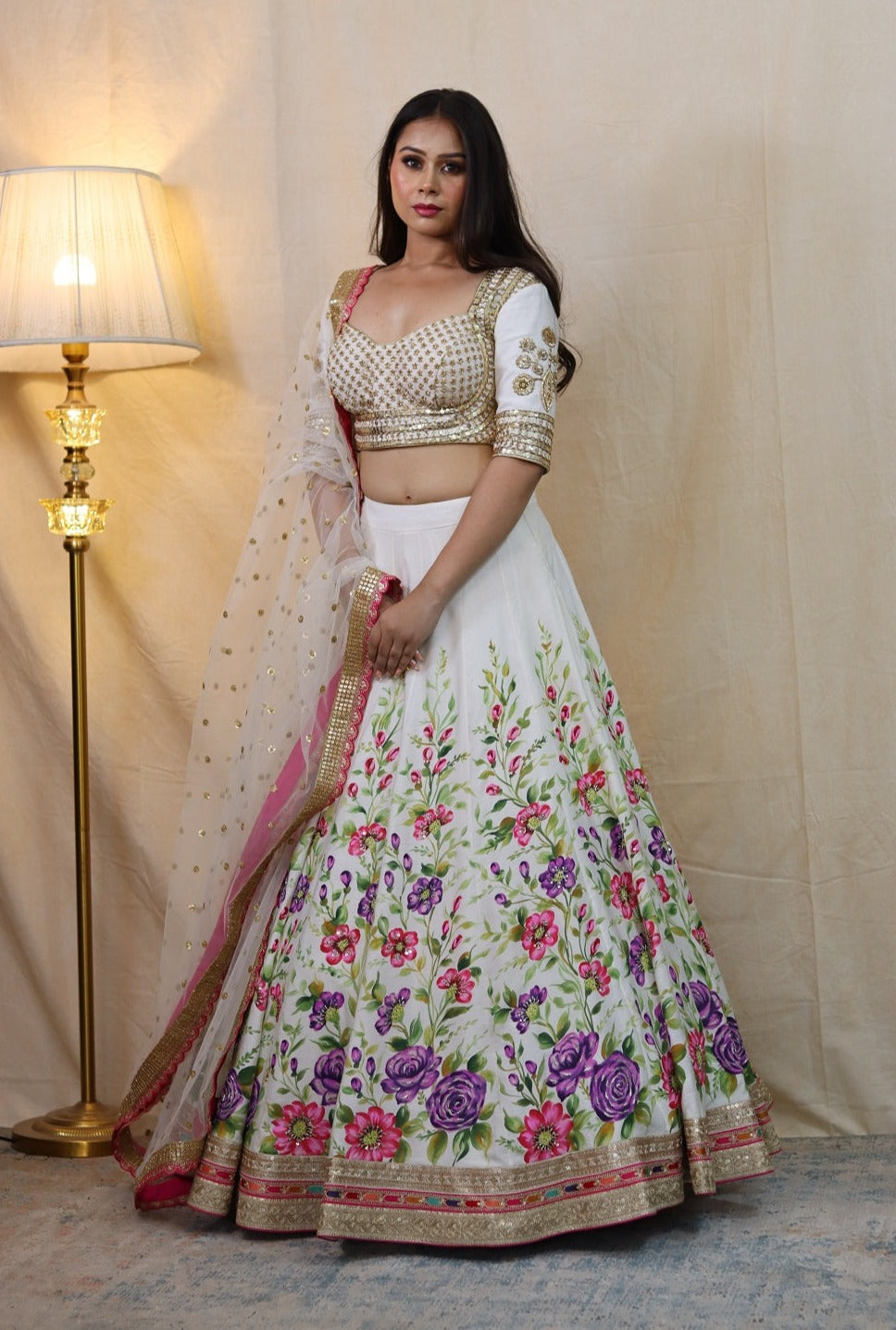 Hand Paint Lehenga with Matching Sweetheart Neckline - ladies indian outfits