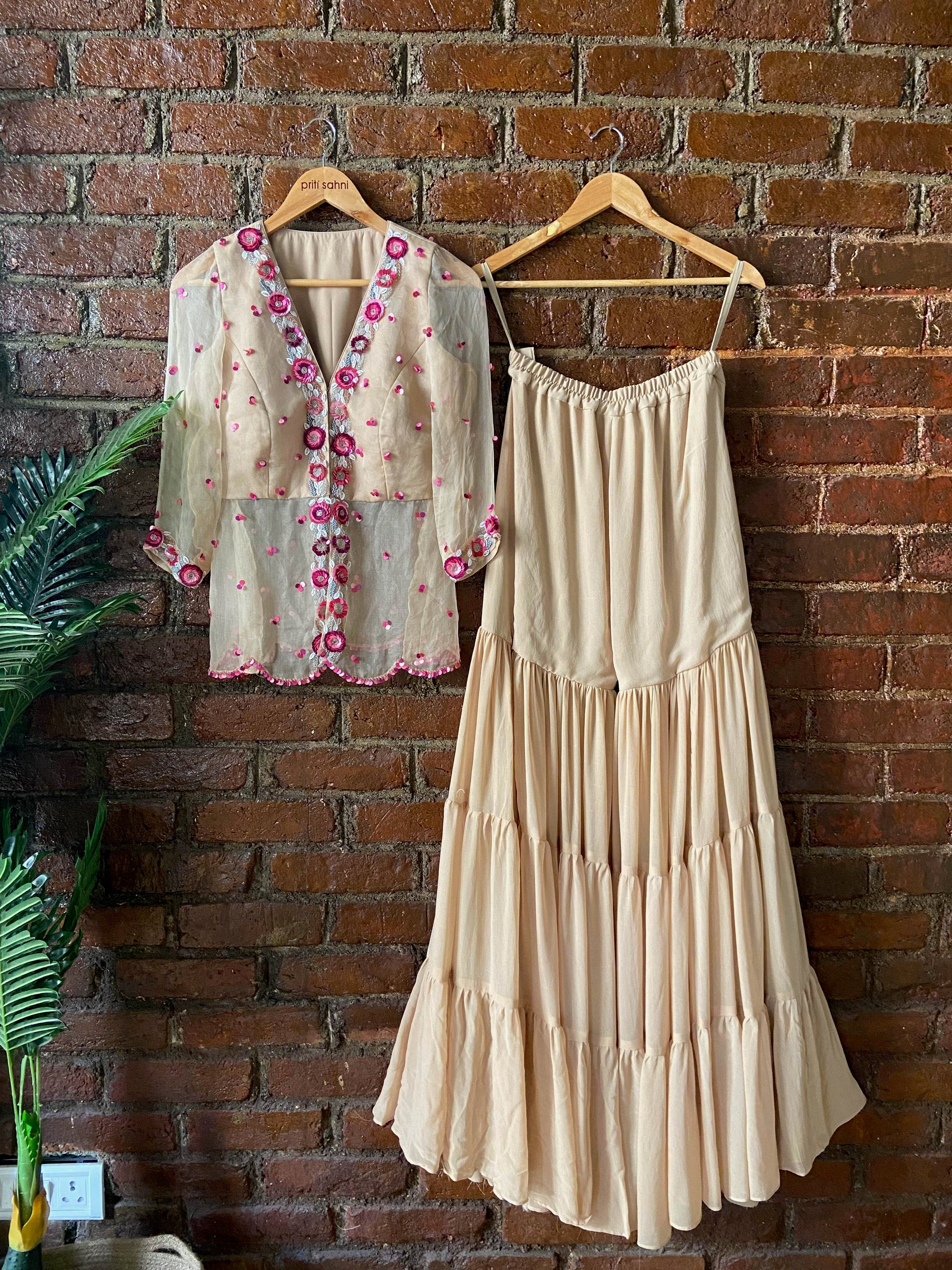 Beige Organza Peplum Top and Sharara Set - indian ethnic clothes