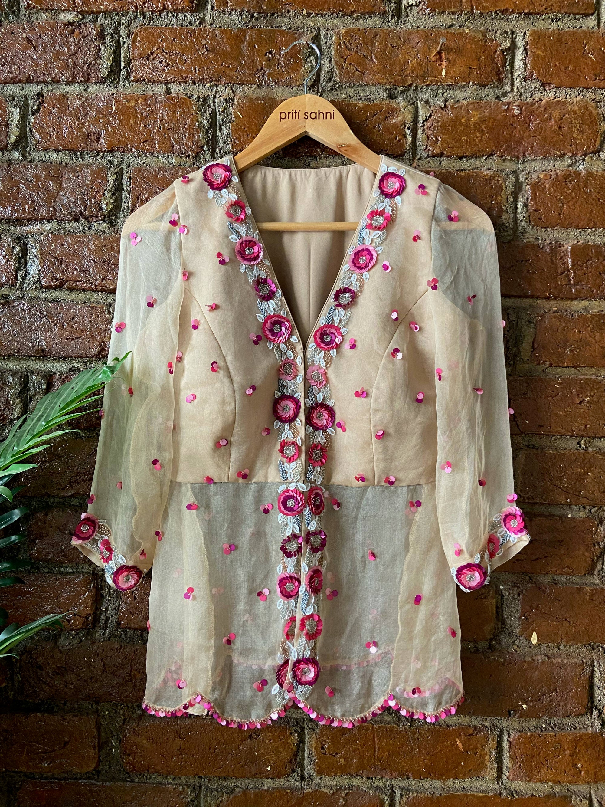 Beige Organza Peplum Top and Sharara Set - indian ethnic clothes