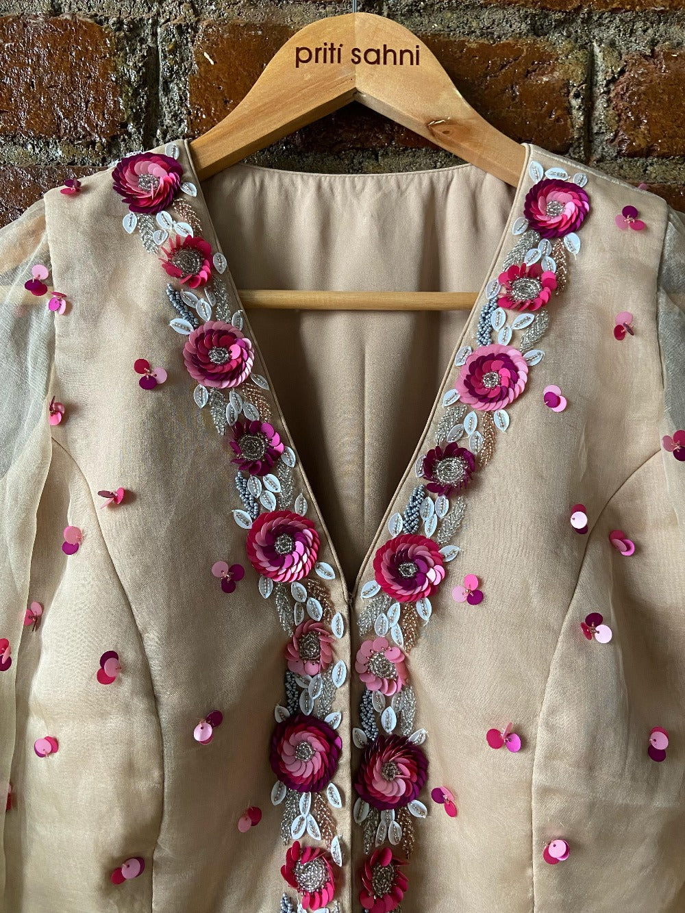 Beige Organza Peplum Top and Sharara Set - indian ethnic clothes