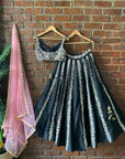 Black Resham and Mirror Hand Embroidered Lehenga Set with Blush Pink Dupatta - lehenga designer lehenga