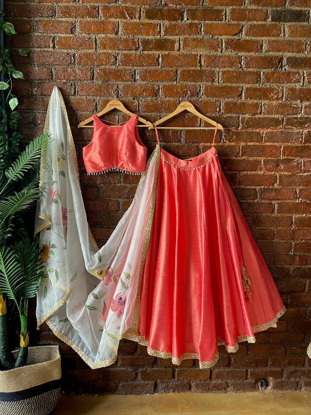 Coral Lehenga Set with Hand Painted Dupatta - lehenga design