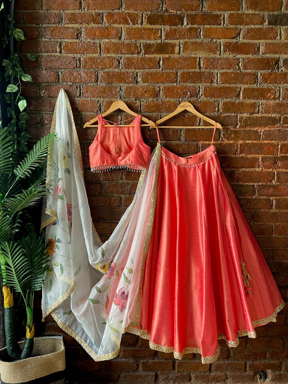 Coral Lehenga Set with Hand Painted Dupatta - lehenga design