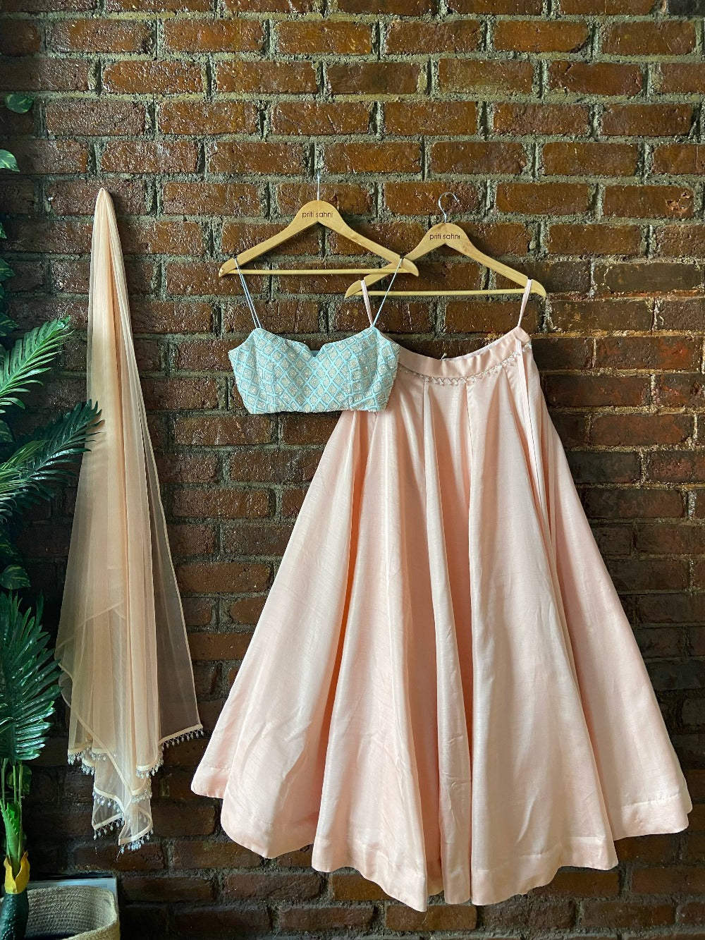 Peach and Powder Blue Lehenga Set - indian garb