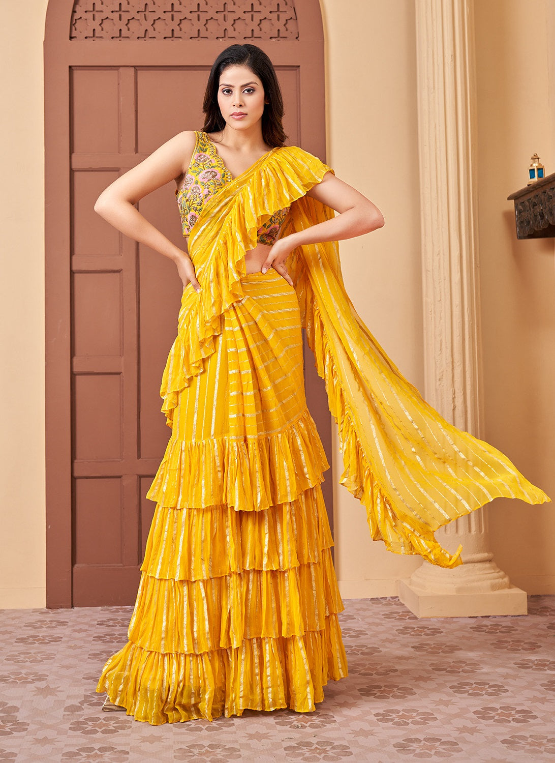 Yellow Georgette Four Layer Frill Saree and Blouse - indian saree dress