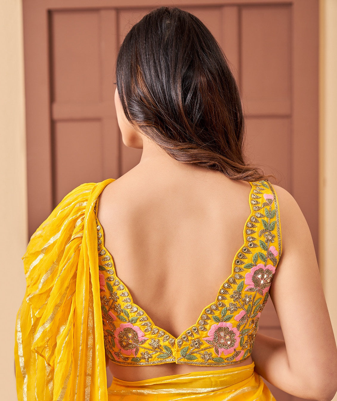 Yellow Georgette Four Layer Frill Saree and Blouse - indian saree dress