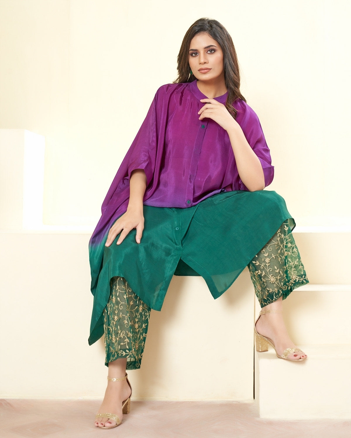 Shaded Dark Purple and Emerald Green Sleeve Kaftan Set - indian trendy dresses