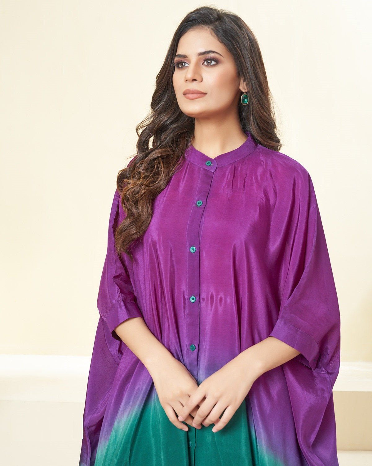 Shaded Dark Purple and Emerald Green Sleeve Kaftan Set - indian trendy dresses
