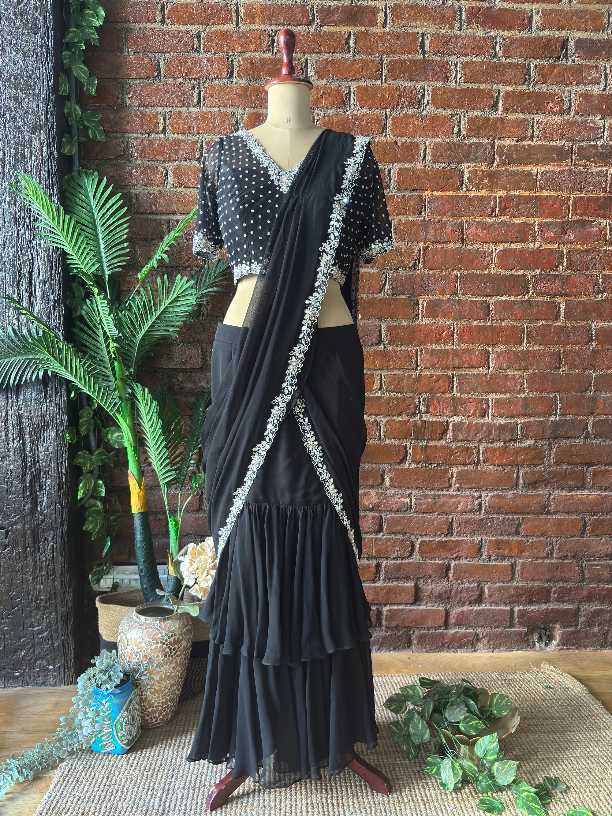 Black Ruffle Saree with Mirror Embroidery - Black saree with white patterns