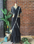 Black Ruffle Saree with Mirror Embroidery - Black saree with white patterns